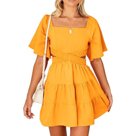 Tangerine Square Neck Cutout Waist Flutter Sleeve Cotton Dress - NWT - Picture 1 of 13